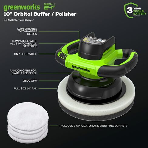 Greenworks 24V Powerful 10" Cordless Orbital Buffer, 10-inch pad 2800 RPM waxing machine with 4 Buffing Bonnets, 2.0Ah Battery & 2A Charger included in Saudi Arabia