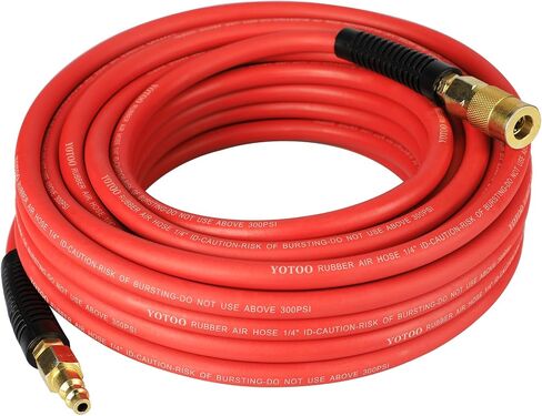 YOTOO Heavy Duty Rubber Air Hose 1/4-Inch by 25-Feet, 300 PSI Air Compressor Hose with 1/4" Industrial Solid Brass Quick Coupler, Plug and Bend Restrictors, Red in Kuwait