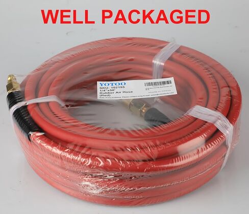 YOTOO Heavy Duty Rubber Air Hose 1/4-Inch by 25-Feet, 300 PSI Air Compressor Hose with 1/4" Industrial Solid Brass Quick Coupler, Plug and Bend Restrictors, Red in Kuwait