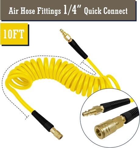 1/4 in x 10 ft Polyurethane Air Hose with Bend Restrictor, Air Hose with 1/4 Solid 100% Pure Copper Quick Connect Fittings and I/M Plug Kit, Yellow in Saudi Arabia