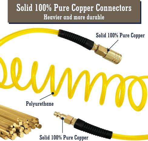 1/4 in x 10 ft Polyurethane Air Hose with Bend Restrictor, Air Hose with 1/4 Solid 100% Pure Copper Quick Connect Fittings and I/M Plug Kit, Yellow in Saudi Arabia