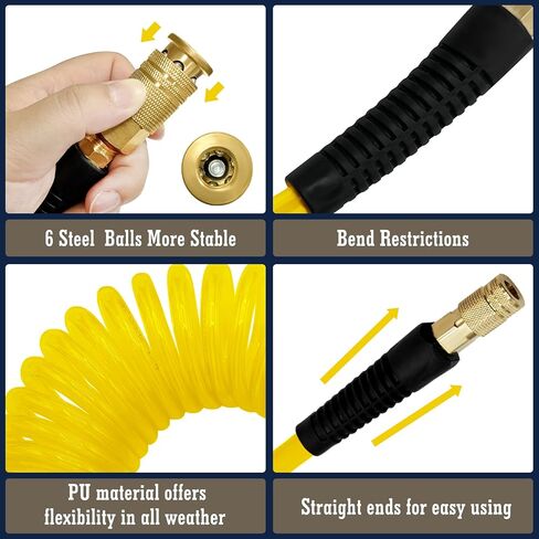 1/4 in x 10 ft Polyurethane Air Hose with Bend Restrictor, Air Hose with 1/4 Solid 100% Pure Copper Quick Connect Fittings and I/M Plug Kit, Yellow in Saudi Arabia