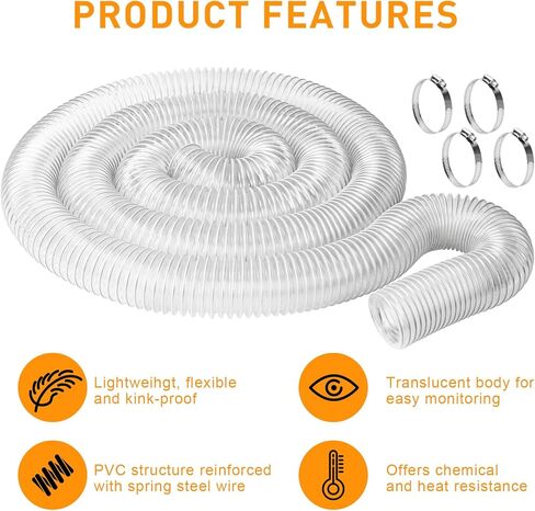 خرطوم جمع الغبار PVC من NEAGLORY مقاس 6.35 سم × 50.8 سم، دخان شفاف مرن مقاوم للثقب مع ملف سلك فولاذي كربوني لأنظمة جمع الغبار، عبوة واحدة in Kuwait