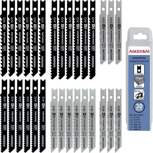 30 قطعة 6T 8T 10T 14T 18T 24TJigsaw Blades U Shank للخشب والبلاستيك المعدني مجموعة شفرات المنشار المتوافقة مع U-Shank Jig Saws Bosch DeWALT SKIL Black and Decker إلخ in Kuwait