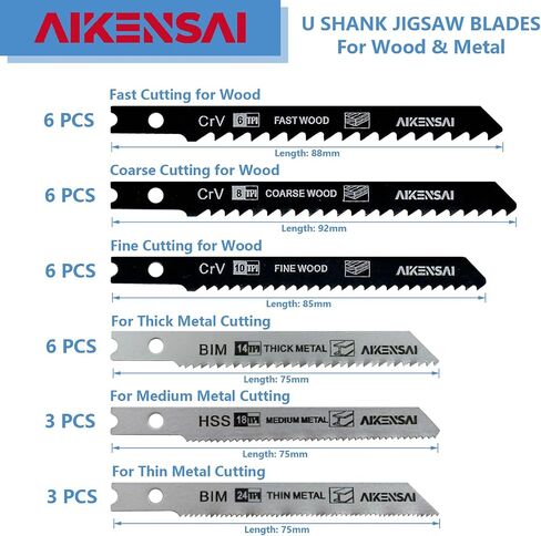 30 قطعة 6T 8T 10T 14T 18T 24TJigsaw Blades U Shank للخشب والبلاستيك المعدني مجموعة شفرات المنشار المتوافقة مع U-Shank Jig Saws Bosch DeWALT SKIL Black and Decker إلخ in Kuwait