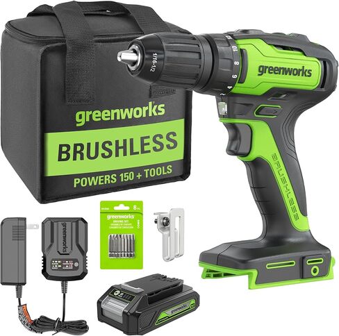 Greenworks 24V مثقاب مطرقي لاسلكي / مثقاب مع بطارية وشاحن، عزم دوران 530 رطل، ظرف بدون مفتاح 1/2 بوصة، تحكم في السرعة المتغيرة، متضمن 5 قطع مثقاب in Saudi Arabia