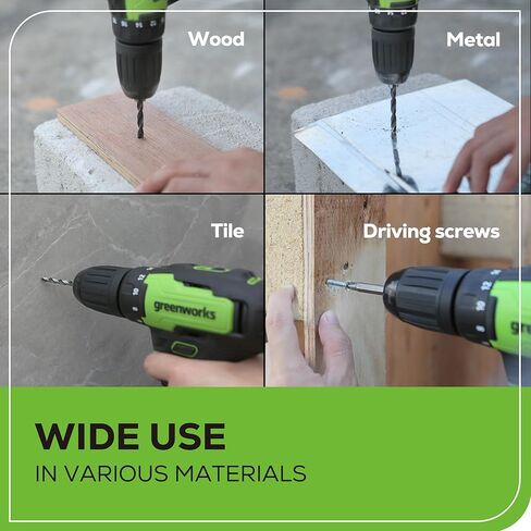 Greenworks 24V مثقاب مطرقي لاسلكي / مثقاب مع بطارية وشاحن، عزم دوران 530 رطل، ظرف بدون مفتاح 1/2 بوصة، تحكم في السرعة المتغيرة، متضمن 5 قطع مثقاب in Saudi Arabia