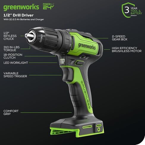Greenworks 24V مثقاب مطرقي لاسلكي / مثقاب مع بطارية وشاحن، عزم دوران 530 رطل، ظرف بدون مفتاح 1/2 بوصة، تحكم في السرعة المتغيرة، متضمن 5 قطع مثقاب in Saudi Arabia