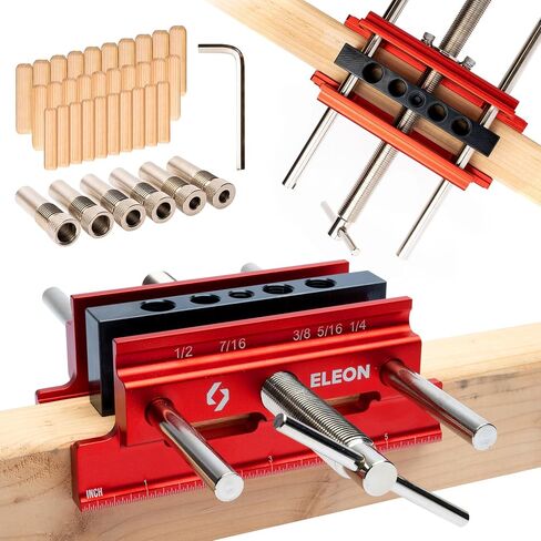 Eleon - Self Centering Dowel Jig with Elongated Jaws and Extra Wide Clamp - Precision Woodworking Made Effortless - Lasting Craftsmanship - Durable Aluminum Alloy Dowel Drill Guide - Red in Saudi Arabia