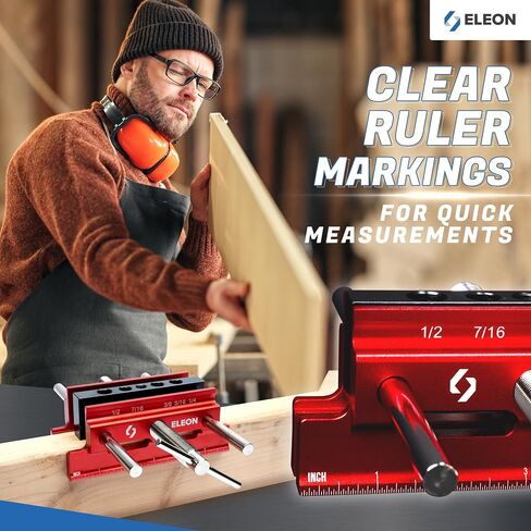 Eleon - Self Centering Dowel Jig with Elongated Jaws and Extra Wide Clamp - Precision Woodworking Made Effortless - Lasting Craftsmanship - Durable Aluminum Alloy Dowel Drill Guide - Red in Saudi Arabia