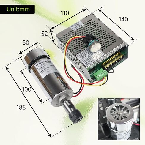 RATTMMOTOR CNC مجموعة محرك المغزل، 400 واط ER16 محرك المغزل المبرد بالهواء 52 مم 12-48 فولت تيار مستمر 12000 دورة في الدقيقة + محول طاقة سرعة المغزل AC110V/220 فولت مع وظيفة Mach3 + حامل عمود دوران 52 مم لجهاز التوجيه CNC in Saudi Arabia