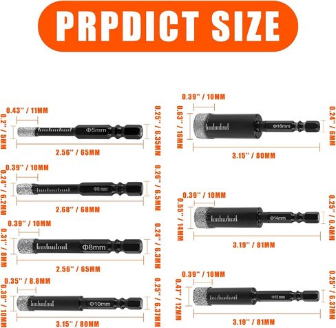 7 PCS Dry Diamond Drill Bits Set Core Drill Bit Set for Porcelain Granite Tile Ceramic Stone Glass (NOT for Wood) Diamond Hole Saw Kit Round Shank with 3/16.1/4, 5/16, 3/8, 9/16, 5/8 Inch in Saudi Arabia