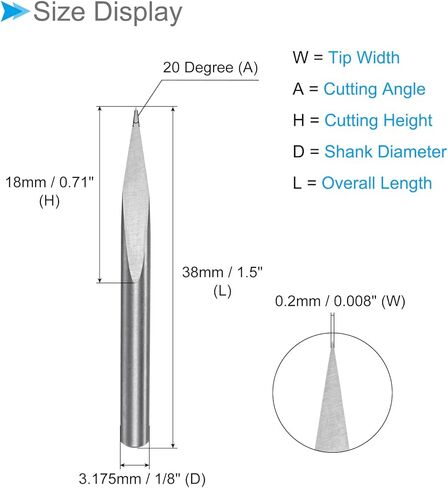 لقم توجيه CNC للنقش، 0.2 مم (0.008 بوصة) عرض الطرف 20 درجة زاوية 1/8 بوصة ساق من الكربيد الصلب 3-فلوت على شكل حرف V لقم نحت الأخدود - (التطبيقات: للبلاستيك الخشبي والأكريليك) in Saudi Arabia