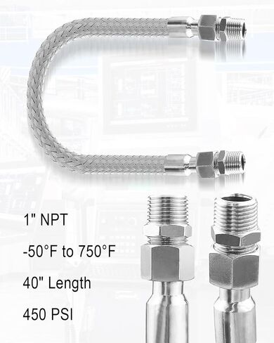 Industrial Grade Compressor Jumper Hose, 1" NPT Male x 20" Length, 750°F, 450 PSI, Flexible Whole Body Stainless Steel Metal Hose with Rotate Freely Fittings and Thread Seal Tapes in Saudi Arabia