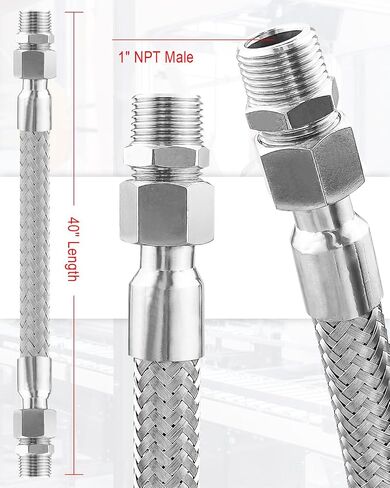 Industrial Grade Compressor Jumper Hose, 1" NPT Male x 20" Length, 750°F, 450 PSI, Flexible Whole Body Stainless Steel Metal Hose with Rotate Freely Fittings and Thread Seal Tapes in Saudi Arabia