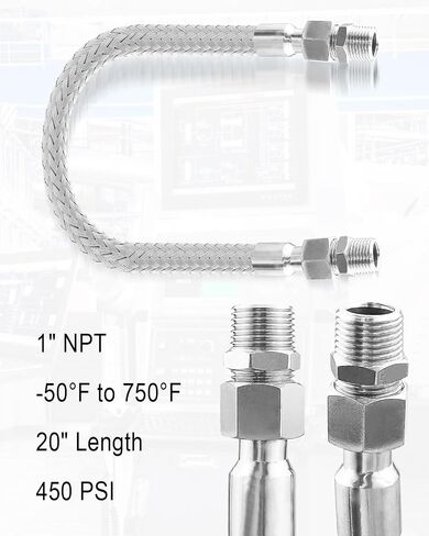Industrial Grade Compressor Jumper Hose, 1" NPT Male x 20" Length, 750°F, 450 PSI, Flexible Whole Body Stainless Steel Metal Hose with Rotate Freely Fittings and Thread Seal Tapes in Saudi Arabia