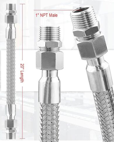 Industrial Grade Compressor Jumper Hose, 1" NPT Male x 20" Length, 750°F, 450 PSI, Flexible Whole Body Stainless Steel Metal Hose with Rotate Freely Fittings and Thread Seal Tapes in Saudi Arabia
