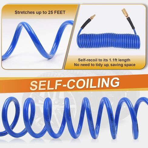 خرطوم هواء من البولي يوريثين مقاس 1/4 بوصة × 25 قدمًا مع خرطوم ضاغط مقيد للانحناء مع قارنة توصيل سريعة صناعية عالمية مقاس 1/4 بوصة وقابس، أزرق in Kuwait