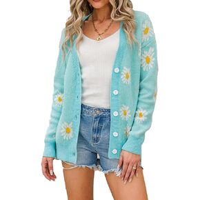 Women's Floral Print Long Sleeve V-Neck Sweaters Button Down Ribbed Cuffs Knit Cropped Cardigan Sweater