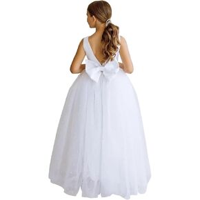 MCieloLuna Pearls Flower Girls Tulle Wedding Bridesmaid Party First Communion Dress for Girls Princess Ball Gowns with Bow-Knot White Size 4 in Kuwait