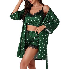 LYANER Women's Satin Polka Dots Pajama Set 3pcs Lace Cami Lingerie Sleepwear with Robe