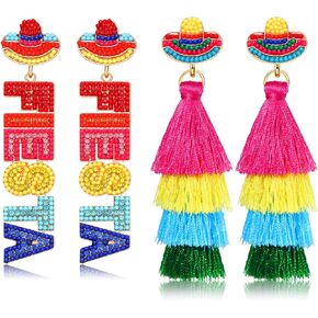2 Pairs Mexican Earrings Cinco De Mayo Earrings for Women, Beaded Fiesta Earrings Piñata Sombrero Chili Pepper Earrings Layered Tassel Earrings, Mexican Holiday Jewelry Gifts