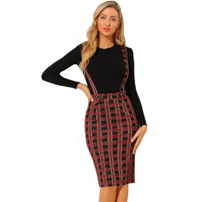 Allegra K Women's Plaid Overall Christmas Xmas Party Vintage Pencil Braces Suspender Skirt