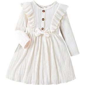 Floerns Girl's Ruffle Trim Long Sleeve Bow Front Crewneck Casual A Line Dress