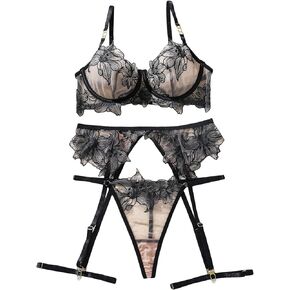 SOLY HUX Women's 5 Piece Floral Embroidery Mesh Underwire Garter Belts Lingerie Set Bra and Panty
