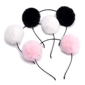 TOPWEL 3PCS Fluffy Pom Pom Headbands Pom-Ball Hairbands Animal Ears Double Pom-Headband Hair Loops Hair Accessories for Halloween Christmas Birthday Party (Black+White+Pink)