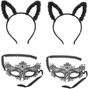 4 Pack Cat Ear Headbands and Lace Eye Mask Set