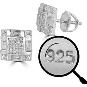 Solid 925 Sterling Silver - Men's Baguette Micropave Earrings - Iced 1/3" Earrings Men's Screwback Aretes