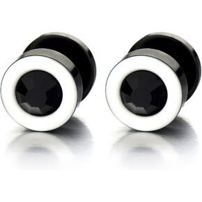 Mens Womens White Black Stud Earrings Steel Illusion Tunnel Plug Screw Back with Cubic Zirconia
