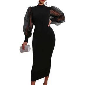 Women's Puff Sleeve Formal Dress Long Sleeve Mesh Stitching Office Lady Mock Neck Split Hem Midi Black Dress