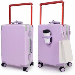 Hardside Carry On Luggage Aluminum 22 * 14 * 9 Airline Approved,Wide Handle Suitcase with TSA Lock and Cup Holder (Purple, Carry-On 20-Inch)