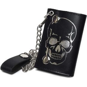 Leatherboss Genuine Leather Trifold Cool Skull Biker Chain Credit Card Cash with ID Holder Wallet