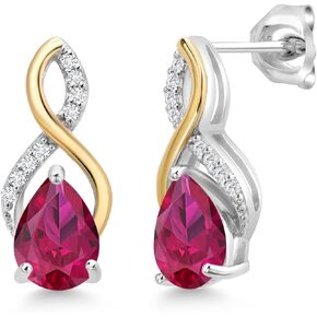 Gem Stone King 925 Sterling Silver and 10K Yellow Gold Red Created Ruby and White Lab Grown Diamond Earrings For Women (Pear Shape 8X6MM, 2.61 Cttw)