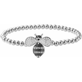 Edforce Stainless Steel Women's CZ Honey Bee Charm Bead Stretchable Ball Chain Bangle Bracelet