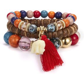 Bohemian Bracelets Set for Women Girls Multilayer Stretch Stackable Wing Tassel Love Charm Crystal Beaded Beach Boho Natural Stone