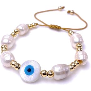 LESLIE BOULES Blue Evil Eye Gold Plated Balls & Baroque Bracelet for Women Fashion Jewelry