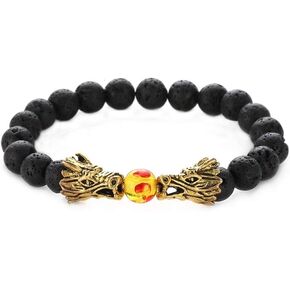 Gold Dragon Lava Stone Bracelet for Women Black Beads Stretch Good Luck Anniversary Birthday Valentines Day Family