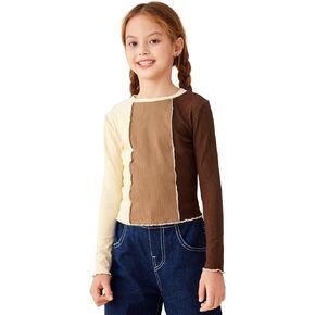 OYOANGLE Girl's Rib Knit Colorblock Lettuce Trim Long Sleeve Round Neck Crop Tee Tops