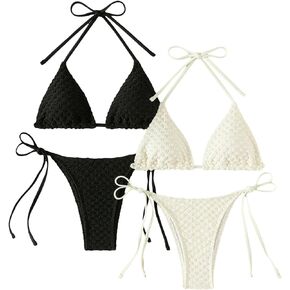 WDIRARA Women's 4 Pieces Textured Swimsuits Halter String Triangle Bikini Set Beachwear Bathing Suit