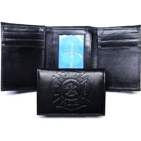 Fire Fighter Embossed Leather Trifold Wallet - Black