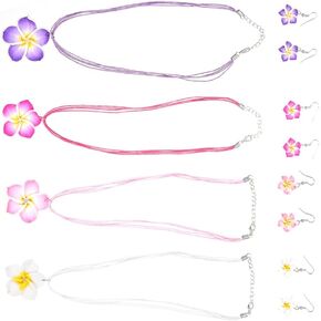 Hawaiian Flower Jewelry 4 Sets Hawaiian Style Earrings Necklaces Plumeria Flower Dangle Earrings Polymer Clay Necklace Summer Jewelries Gifts Hawaiian Party Necklace