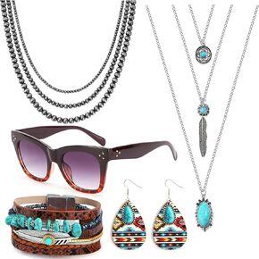MOZAKA 5 مجموعة مجموعة مجوهرات غربية للنساء مجموعة مجوهرات بوهيمية فيروزية تتضمن قلادة لؤلؤ نافاجو وقلادة فيروزية وقلادة وقلادة من الجلد الصناعي وسوار من الجلد الصناعي وأقراط متدلية من الفيروز ونظارات شمسية غربية in Kuwait