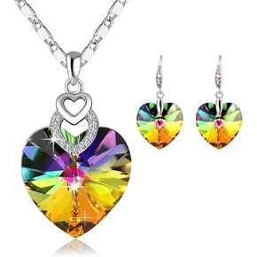 PLATO H Rainbow Heart Necklace and Earrings Bundle Crystals for Women Girls with Gift Box
