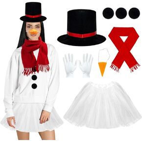 AIHSUMC 9 Pcs Snowman Costume Kit Christmas Costume Kit Snowman Skirt Hat Carrot Nose Scarf Gloves