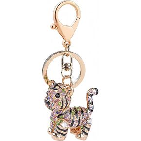 Womens Mens Creative Colorful Lovely Tiger Key Chains Gem Studded Luxury Pendant Key Holder Small Gifts for Friends