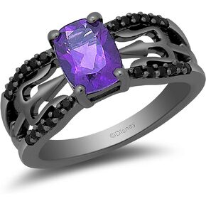 Jewelili Enchanted Disney Fine Jewelry Black Rhodium over Sterling Silver 8x6 MM Cushion Shape Amethyst and 1/5 Cttw Treated Black Round Diamond Ursula Ring